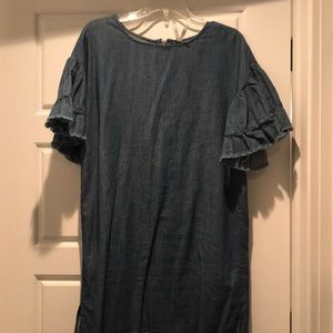 A-line denim ruffle sleeve mini dress